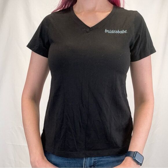 Time and Tru Women's Bridesbabe Tee T Shirt M Med Medium Black Light Blue V Neck - Picture 1 of 12